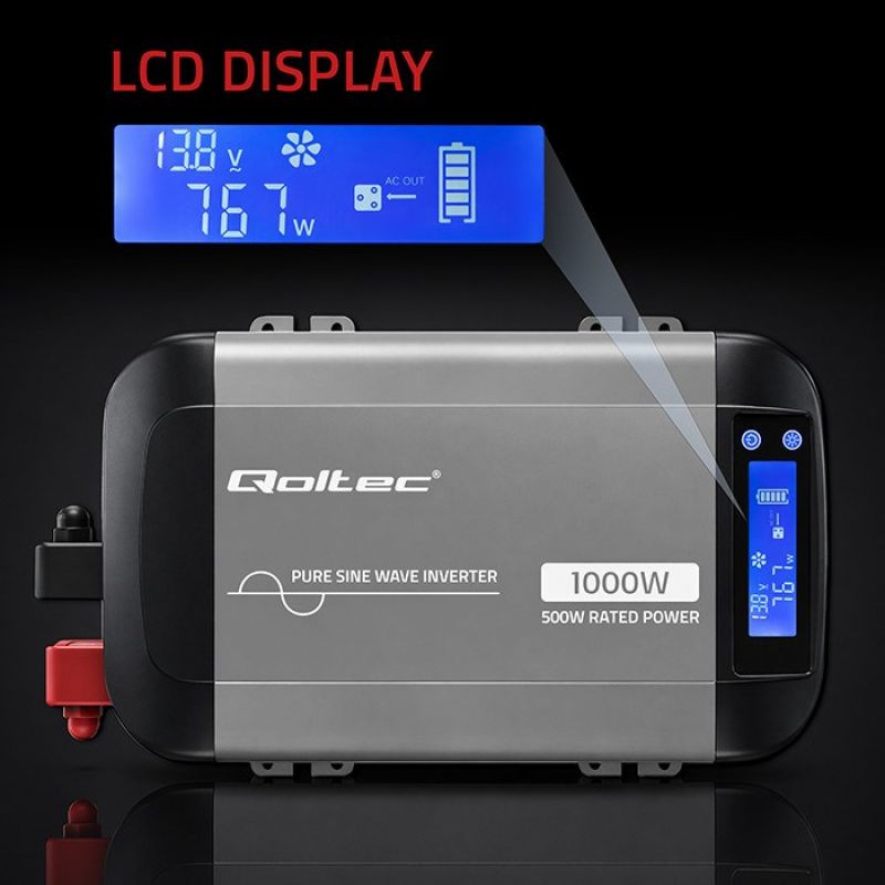 5. Qoltec Sinus-Spannungswandler | 12 V auf 230 V | 500/1000 W | LCD | USB | USB-C | Kompatibel mit LiFePO4-, GEL- und AGM-Akkus