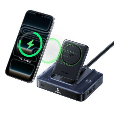 3. Baseus Nomos NH21 6-in-1 245W Kabellose Ladestation mit zwei einziehbaren USB-C-Kabeln – Schwarz