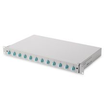 FO-Patchpanel mit Ausstattung 19 Zoll 1 HE, 12x LC DX, OM3, Anschlusskabel, Adapter, Einschubfächer, verschiebbar, grau