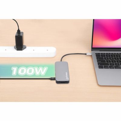 9. MANHATTAN 8-in-1 USB-C Dockingstation mit USB 3.2 Gen 1 Power Delivery, Typ-C Stecker auf HDMI Buchse, drei USB-A Anschlüssen, Gigabit RJ45 Anschluss, USB-C Power Delivery Anschluss, SD/MicroSD Kartenleser, Aluminium, Space Grau (13061)