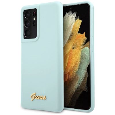 Guess, GUHCS21LLSLMGLB S21 Ultra G998 blau/blaues Hardcase Silikon-Schriftzug-Metall-Logo