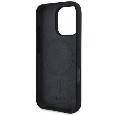 7. DKNY Silikon-MagSafe-Hülle mit weißem bedrucktem Logo für iPhone 16 Pro – Schwarz