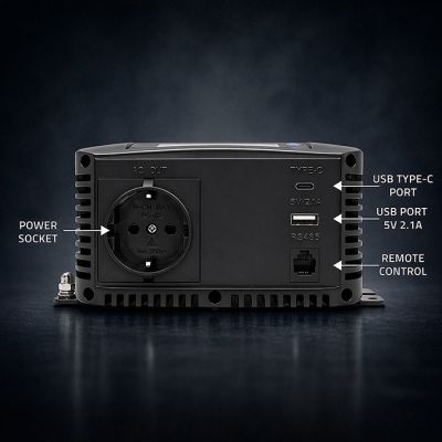 8. Qoltec Sinus-Spannungswandler | 12 V auf 230 V | 500/1000 W | LCD | USB | USB-C | Kompatibel mit LiFePO4-, GEL- und AGM-Akkus
