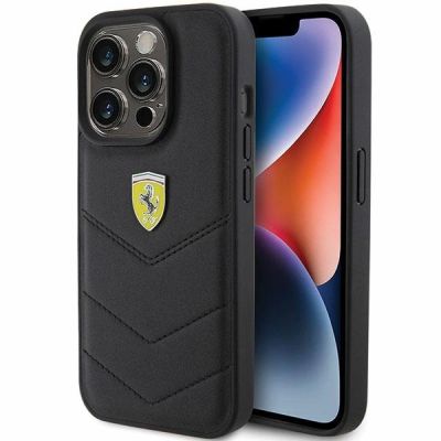 Ferrari Quilted Metal Logo-Hülle für iPhone 15 Pro – Schwarz