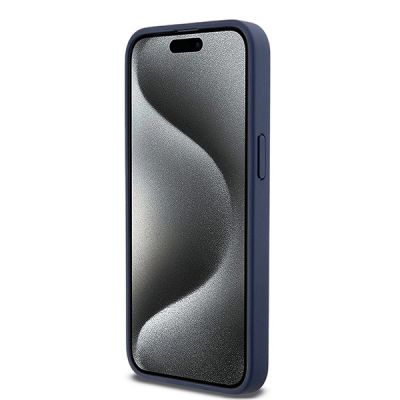 5. DKNY Lederhülle mit Monostreifen und Metalllogo für iPhone 15 Pro Max – Blau