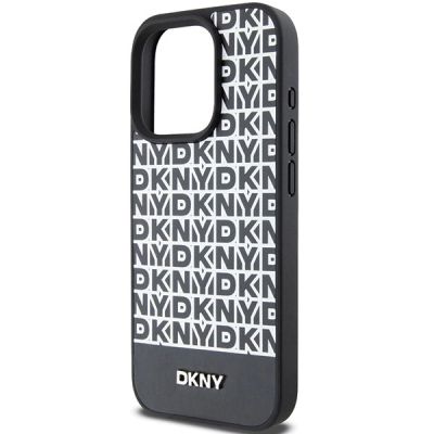 6. DKNY MagSafe Lederhülle mit bedrucktem Muster und Metalllogo für iPhone 15 Pro – Schwarz