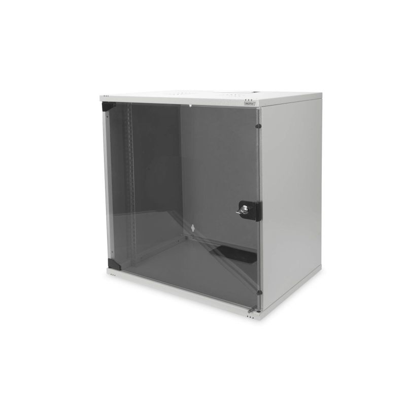 8. Digitus 19" 12HE Wand-Netzwerkschrank, 540 x 400 mm, Glastür, grau, ungeteilt, unmontiert, 60 kg