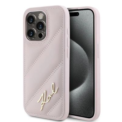 Karl Lagerfeld Diagonal Quilted Script Hülle für iPhone 15 Pro – Rosa