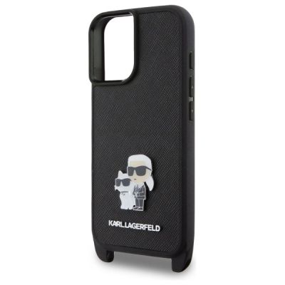 4. Karl Lagerfeld Saffiano Karl&Choupette Metal Pin CBDY Strap Case für iPhone 16 – Schwarz