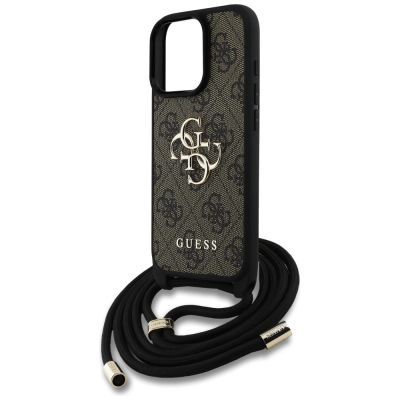 5. Guess 4G Big Logo Cord Stap Crossbody Case für iPhone 16 Pro Max Braun