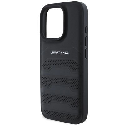 6. AMG Lederhülle mit geprägten Linien und schwarzem Logo für iPhone 16 Pro Max – Schwarz