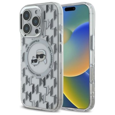 Karl Lagerfeld IML Monogram Karl & Choupette Head MagSafe Hülle für iPhone 16 Pro – transparent