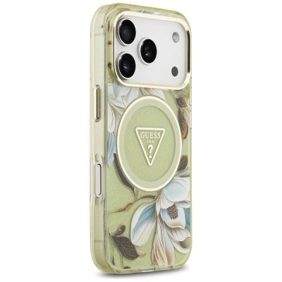 4. Guess IML Glitter Flowers Dreieckige MagSafe Hülle für iPhone 17 Pro Max - Grün