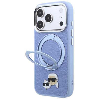 2. Karl Lagerfeld mit Ringständer 360 Karl & Choupette Köpfe Pin MagSafe Hülle für iPhone 18 Pro Max / 17 Pro Max - Hellblau