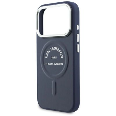 6. Karl Lagerfeld MagSafe Hülle mit geprägtem offenem Ring und RSG-Logo für iPhone 18 Pro Max / 17 Pro Max – Blau