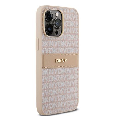 4. DKNY Leder-Monostreifen- und Metall-Logo-Hülle für iPhone 14 Pro – Rosa