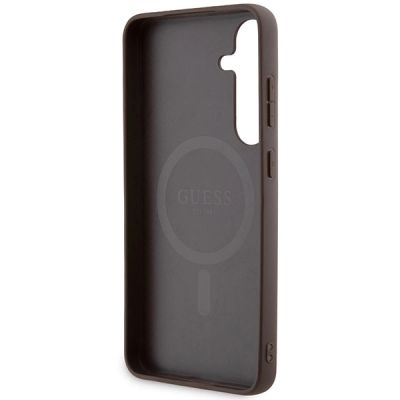 7. Guess 4G Collection Leder-Metall-Logo MagSafe-Hülle für Samsung Galaxy S24+ – braun