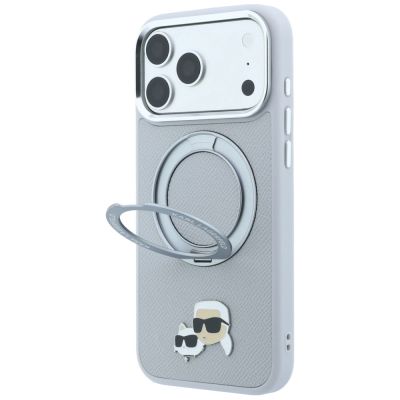 2. Karl Lagerfeld with Ring Stand 360 Karl & Choupette Heads Pin MagSafe Hülle für iPhone 18 Pro Max / 17 Pro Max – Grau