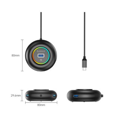 2. Orico YXR4-C3 RGB USB-Hub mit 4 USB-A 3.0-Anschlüssen, Audio-/Mikrofonanschluss (0,3 m) – Schwarz