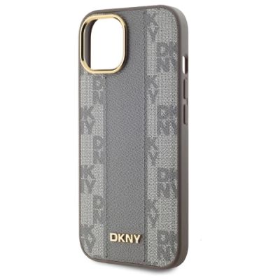 6. DKNY Leather Checkered Mono Pattern MagSafe-Hülle für iPhone 15 Plus – Beige