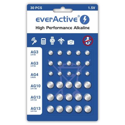 EVERACTIVE ALKALINE-BATTERIEN MINI-SET: 10 x G3 / LR41, 5 x G4 / LR626, 5 x G10 / LR1130, 10 x G13 / LR1154 AGMIX30BL