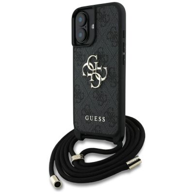 Guess 4G Big Logo Cord Stap Crossbody Case für iPhone 16 Plus Schwarz