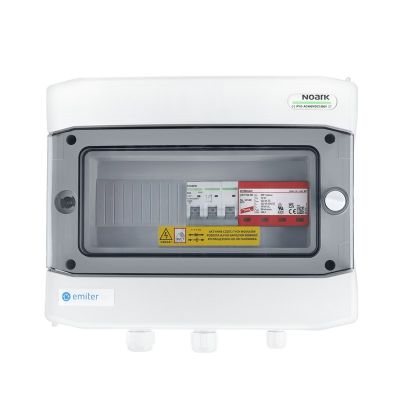 Hermetische IP65 EMITER-Wechselstromanschlussverteileranlage mit Dehn-Überspannungsableiter Typ 2, 50 A, 3-polig, FI-Schutzschalter Typ A 63 A/300 mA