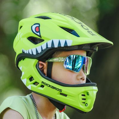 8. Rockbros TT-32003 Shark Kinderfahrradhelm mit abnehmbarem Kinnschutz, Größe S (48-52) – Grün