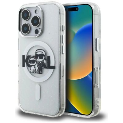 Karl Lagerfeld IML Glitter Karl & Choupette Sketch Logo MagSafe Hülle für iPhone 16 Pro - Transparent