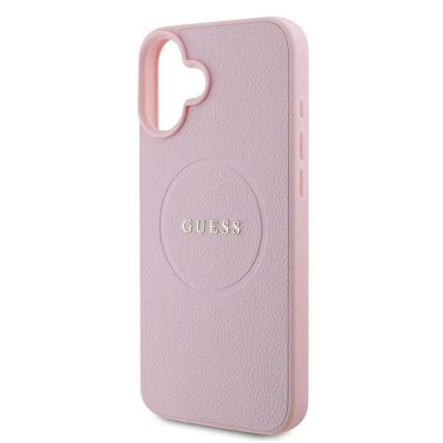 6. Guess Grained Gold Ring MagSafe-Hülle für iPhone 16 Plus – Rosa