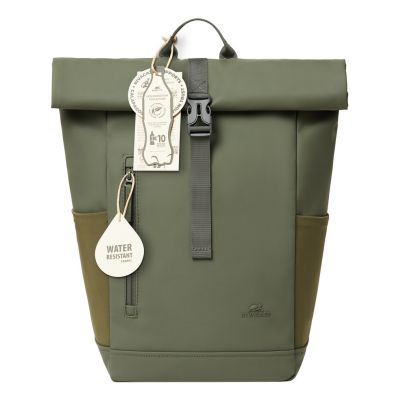 24. Rivacase Eden Rucksack Reiserucksack Olivgrünes gewachstes Leder (Pull-Up), Polyester, recyceltes Polyethylenterephthalat (rPET)