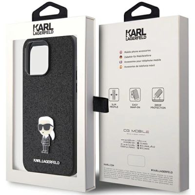 8. Karl Lagerfeld Glitzer-Ikonik-Logo-Metallhülle für iPhone 15 Pro Max – Schwarz