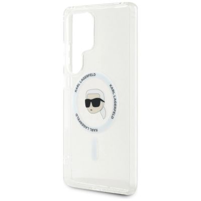 6. Karl Lagerfeld Button Karl Head gedrucktes Logo MagSafe Samsung Galaxy S25 Ultra Hülle weiß