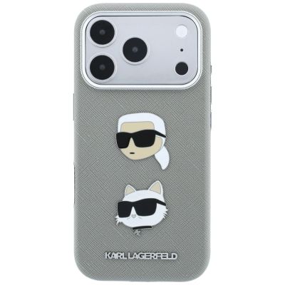3. Karl Lagerfeld Saffiano Hülle mit Karl & Choupette Köpfen Pins & Logo für iPhone 18 Pro Max / 17 Pro Max - Grau