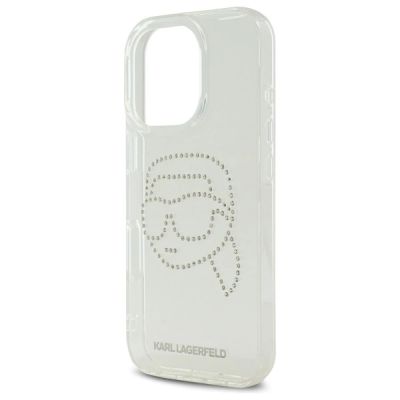 6. Karl Lagerfeld IML Strass-Hülle mit Karl-Kopf für iPhone 16 Pro – Transparent