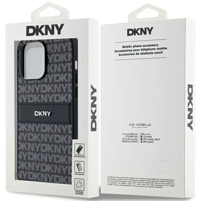 8. DKNY Lederhülle mit Monostreifen und Metalllogo für iPhone 14 Pro – Schwarz