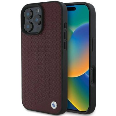 BMW Sign Leather Diamond Metal Logo MagSafe-Hülle für iPhone 16 Pro Max – rot