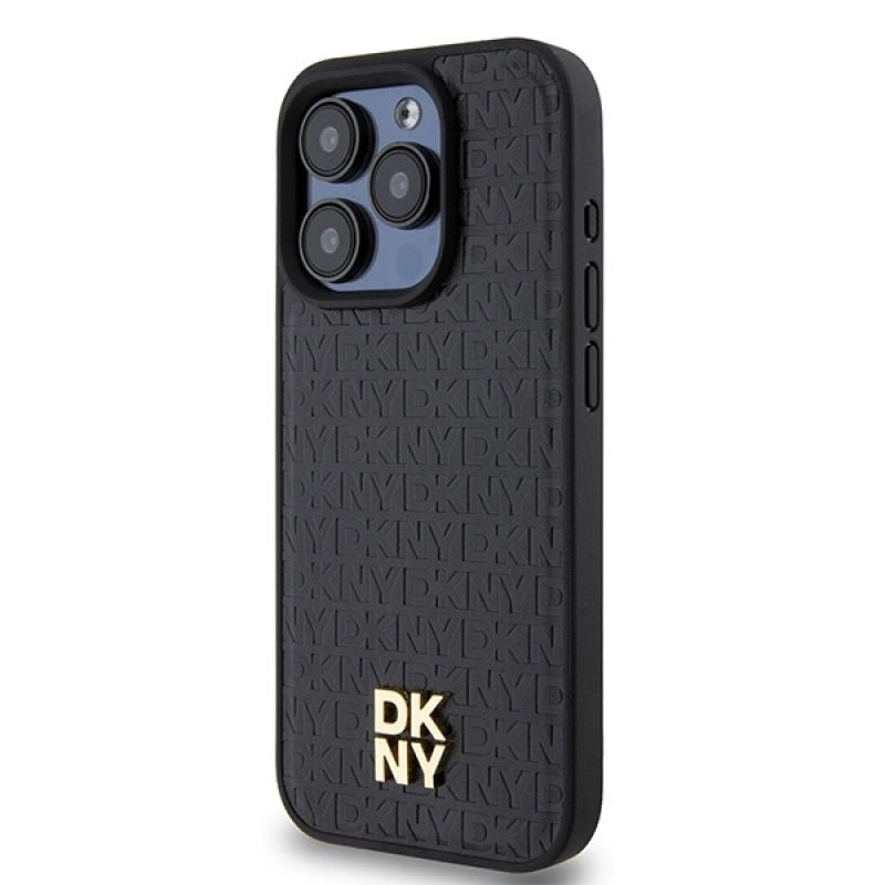 2. DKNY MagSafe-Hülle aus Leder mit Monogrammmuster und Metalllogo für iPhone 15 Pro – Schwarz