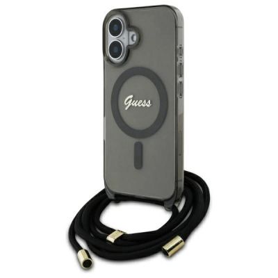 Guess Crossbody Cord Script MagSafe Hülle für iPhone 16 – Schwarz
