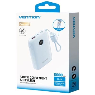 3. Vention Powerbank 10000mAh 2 x USB-C 1 x USB-A mit Display 22,5W blau