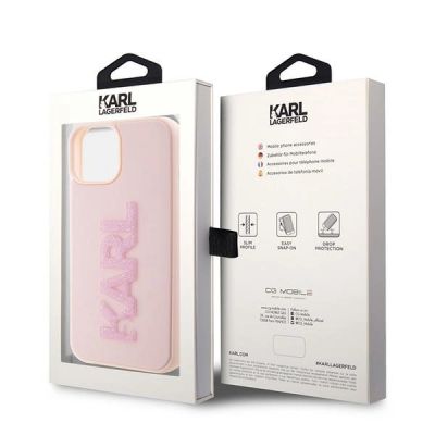 8. Karl Lagerfeld 3D Rubber Glitter Logo Hülle für iPhone 15 Plus – Rosa