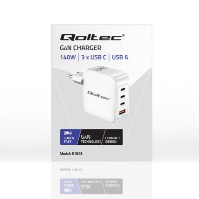 7. Qoltec 140W GaN-Wandladegerät | 5–20 V | 2,5–5 A | 3 x USB-C PD | 1 x USB QC 3.0 | Weiß
