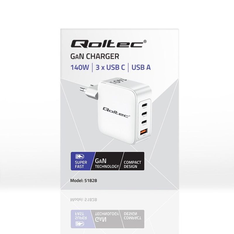 7. Qoltec 140W GaN-Wandladegerät | 5–20 V | 2,5–5 A | 3 x USB-C PD | 1 x USB QC 3.0 | Weiß