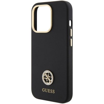 6. Guess Silicone Logo Strass 4G Case für iPhone 15 Pro - Schwarz