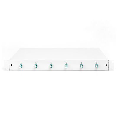 7. FO-Patchpanel mit Geräten, 19 Zoll, 1 HE, 6x LC DX, OM3, Anschlusskabel, Adapter, Einschubfächer, verschiebbar, grau