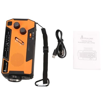 50. Extralink Solar-Notfallradio mit Kurbeldynamo-Powerbank (4000 mAh) und SOS-Taschenlampe SR-4000, tragbar, analog, Schwarz/Orange