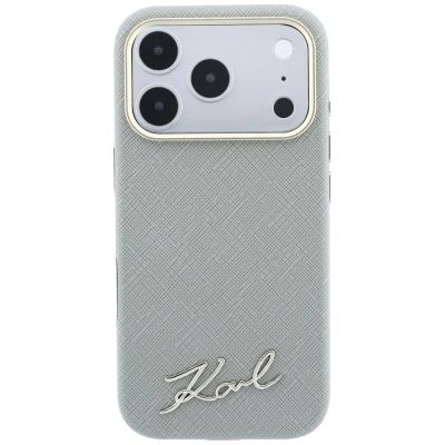 3. Karl Lagerfeld Saffiano MagSafe Hülle mit kleinem Schriftzug und Metalllogo für iPhone 17 Pro Max / 18 Pro Max – Beige