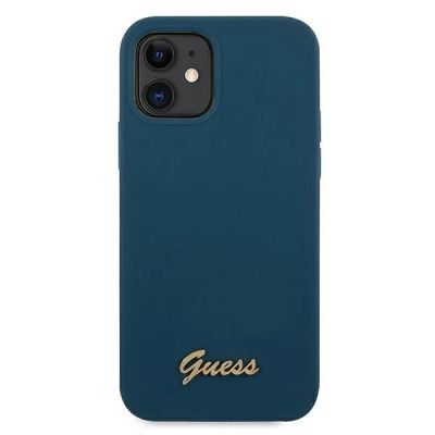 3. Guess, GUHCP12SLSLMGBL iPhone 12 mini 5,4" blau/blaues Hardcase Metall-Logo-Skript
