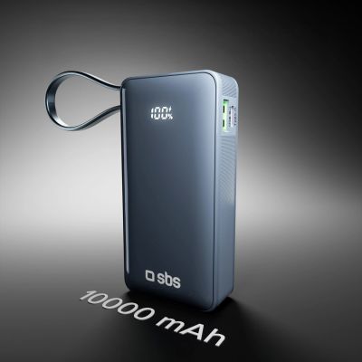 9. Powerbank SBS 10000 mAh 20W mit integriertem USB-C-Kabel und Digitalanzeige - dunkelgrau