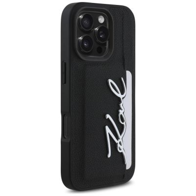 4. Karl Lagerfeld HC Grained PU Cardslot Metal Signature iPhone 16 Pro Max Hülle - Schwarz